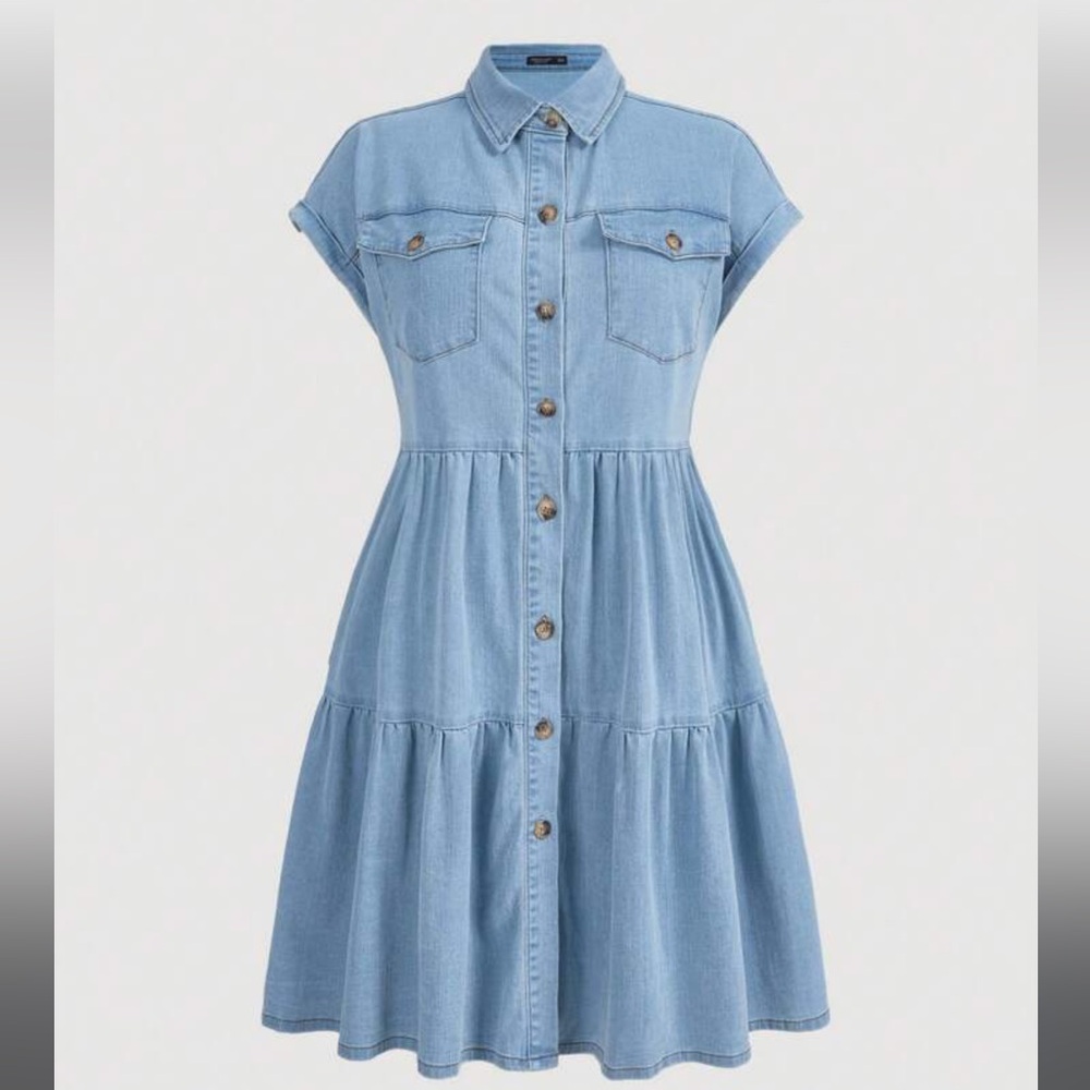 SHEIN Flap Pocket Ruffle Hem Denim Dress